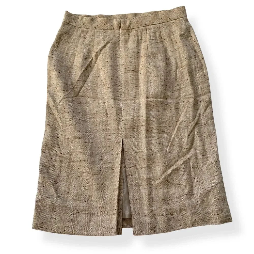 Vintage 90s Talbots women's tan tweed wool silk linen blend pencil skirt 6P